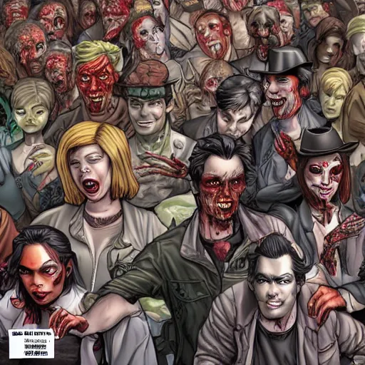Prompt: a crowd of zombies where everyone is Bill Hader, artgerm, J. Scott Campbell