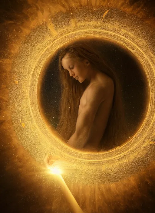 Image similar to magical birth of a human, sacral geometry, highly detailed, magic, space, epic, absolute symmetric, ring of light, by leonardo da vinci, volumetric lighting, beautiful, golden hour, sharp focus, ultra detailed, cgsociety by leesha hannigan, ross tran, thierry doizon, kai carpenter, ignacio fernandez rios, noir photorealism, film