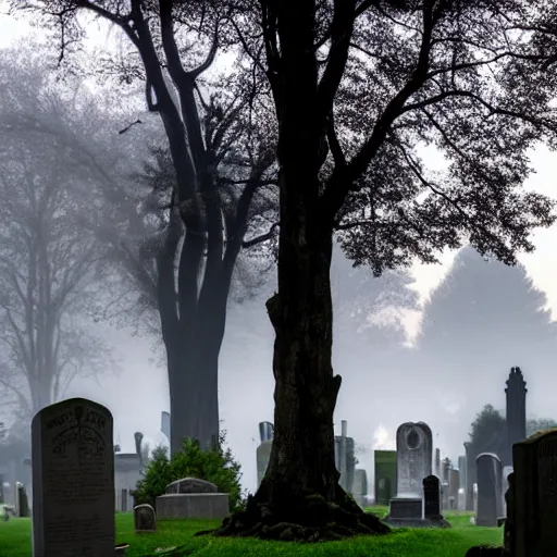 Image similar to memorial statues in a gothic cemetery at dusk, dramatic, gloomy, volumetric light, ground mist