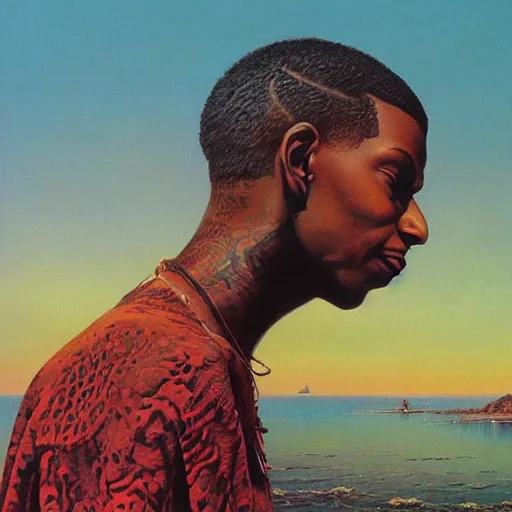 Prompt: a painting of wizkid by bruce pennington.