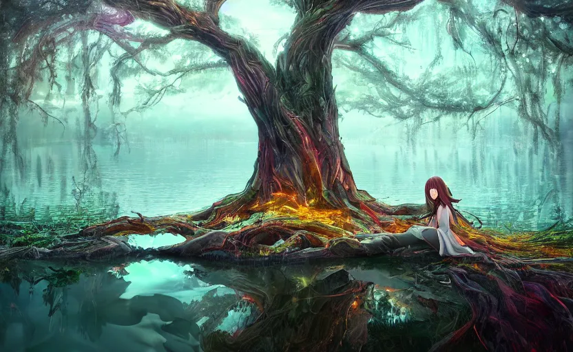 Image similar to twisted root magical tree in the middle of a lake with natural throne, anime inspired, hyper realistic, dramatic lighting, glowing leaves, 8k hdr pixiv dslr photo by Makoto Shinkai ilya kuvshinov and Wojtek Fus, digital art, concept art,