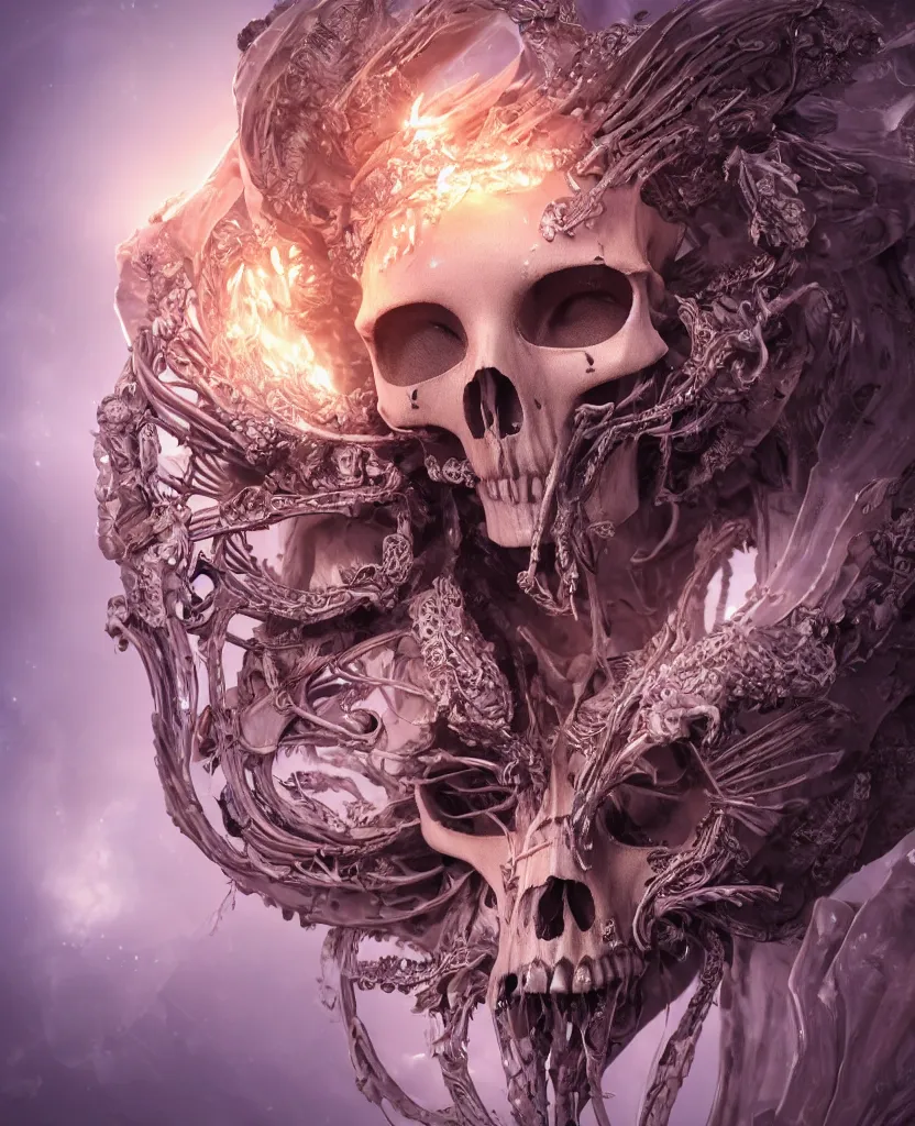 Image similar to close-up macro portrait of the face of a beautiful princess with animal skull mask, epic angle and pose ribcage skeleton, symmetrical artwork, 3d with depth of field, blurred background, cybernetic jellyfish female face skull phoenix bird, translucent, nautilus, energy flows of water and fire. a highly detailed epic cinematic concept art CG render. made in Maya, Blender and Photoshop, octane render, excellent composition, cinematic dystopian brutalist atmosphere, dynamic dramatic cinematic lighting, aesthetic, very inspirational, arthouse. y Greg Rutkowski, Ilya Kuvshinov, WLOP, Stanley Artgerm Lau, Ruan Jia and Fenghua Zhong