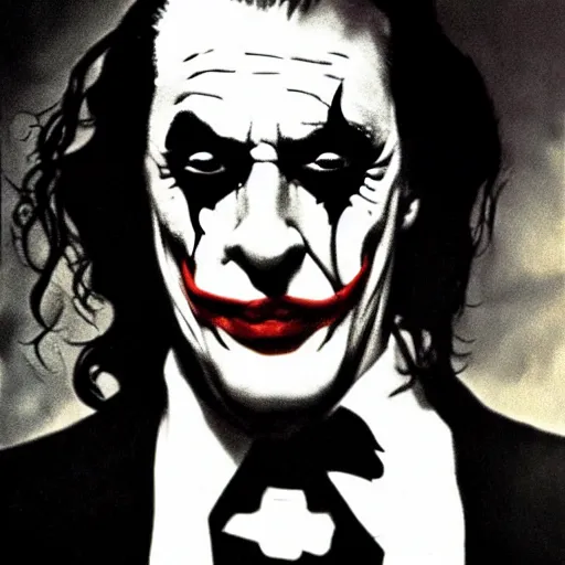 Image similar to Salvador Dali as the joker in dark knight , very realistic! looks at the camera, backlight cinematic dull colors medium close shot from the batman dark knight