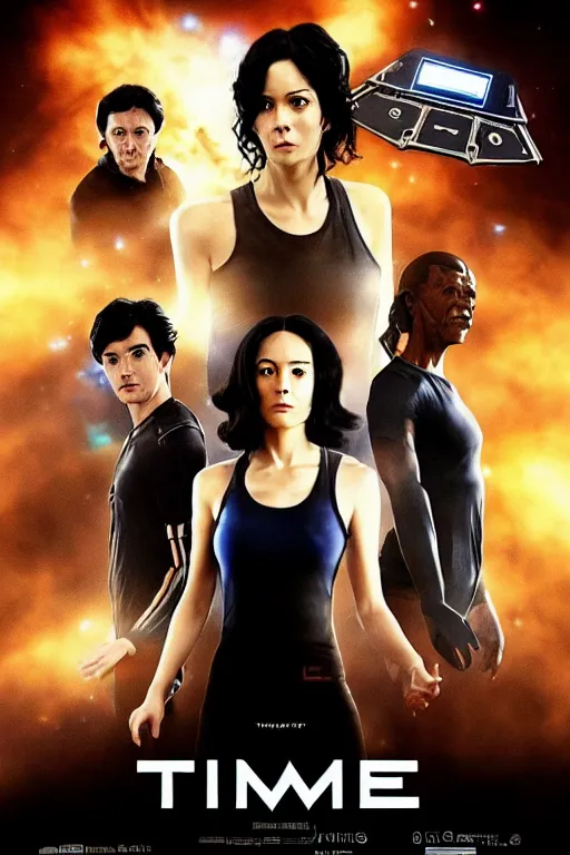 Image similar to a movie poster of the sci - fi movie time runner ( 2 0 1 8 ), starring a black haired woman in a tank top, very detailed face, robots, clouds, mystery