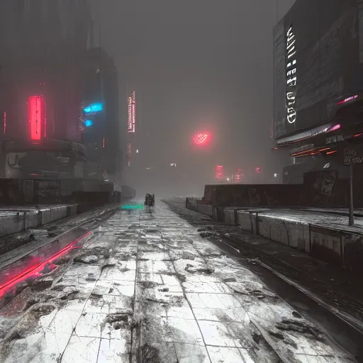 Image similar to an abandoned dystopian cyberpunk city with a bad weather and foggy sky, award winning, trending on artstation, unreal engine