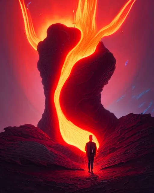 Image similar to highly detailed surreal vfx portrait of a futuristic fire mage in a volcano with lava, stephen bliss, unreal engine, greg rutkowski, loish, rhads, beeple, makoto shinkai and lois van baarle, ilya kuvshinov, rossdraws, tom bagshaw, alphonse mucha, global illumination, detailed and intricate environment