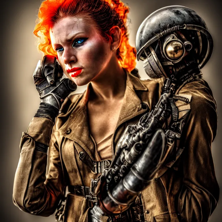 Image similar to photo of a beautiful female atompunk warrior, 8 k, hdr, smooth, sharp focus, high resolution, award - winning photo