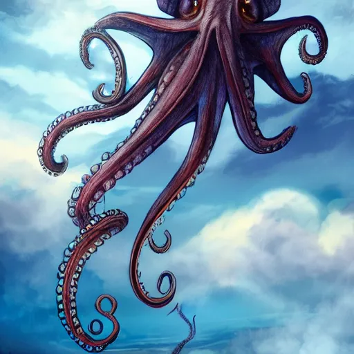 Image similar to flying octopus among clouds fantasy illustration, trending on artstation, deviantart, very realistic, 4k