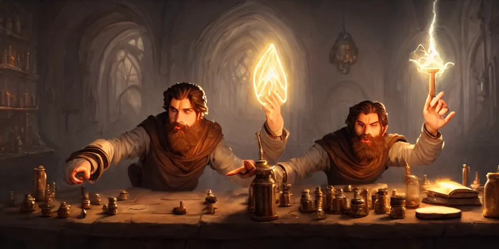 Image similar to a handsome bearded white male dark sorcerer with brown hair he is casting a spell from his hands, he is in a alchemist workshop filled with beakers and equipment, neutral pose, sharp focus, waist up, epic composition, 4 k, by greg rutkowski, rudy siswanto and anna podedworna