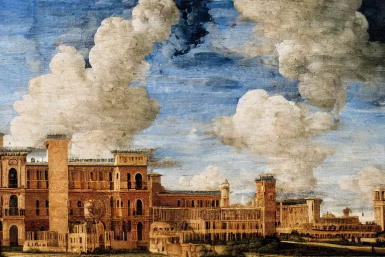 Prompt: an oil painting of a renaissance palace, clouds in the sky