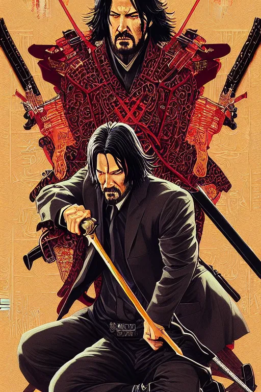 Image similar to poster of john wick as a samurai, by yoichi hatakenaka, masamune shirow, josan gonzales and dan mumford, ayami kojima, takato yamamoto, barclay shaw, karol bak, yukito kishiro