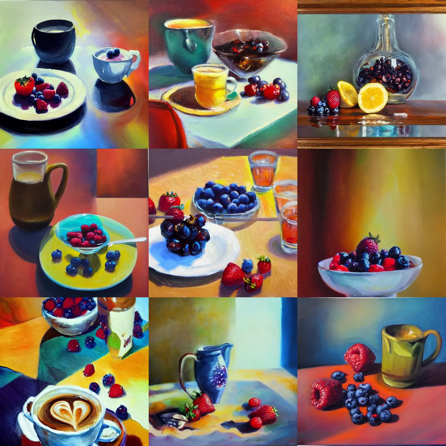Prompt: breakfast with berries and coffee, oil painting, glassware, thick strokes, vibrant, colorful, reflections, subsurface scattering, sharp edges, hazy, field of view