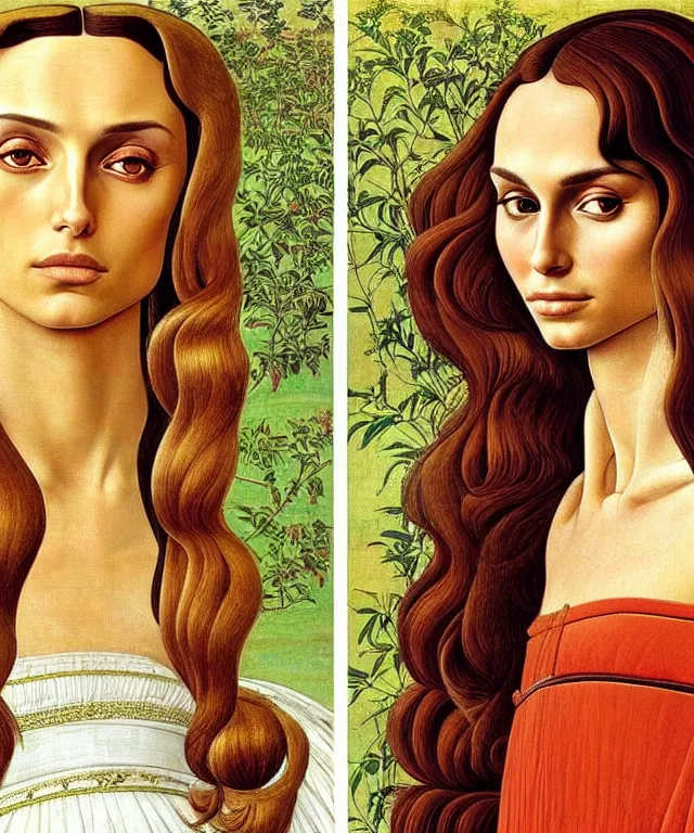 Image similar to Nathalie portman portrait by Sandro Botticelli and Moebius, 3/4 view, amber eyes, beautiful face, appealing long hair, fantasy, intricate, elegant, highly detailed, smooth, sharp focus, oil painted illustration by Sandro Botticelli and Moebius