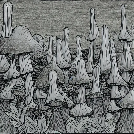 Image similar to drawing of a mushroom city in the middle of the forest, high details, godrays, 4k