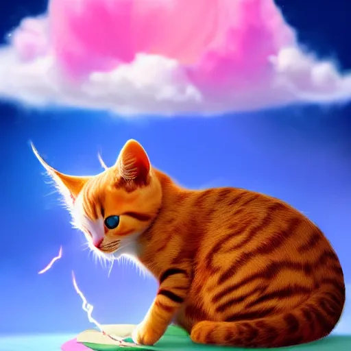 Image similar to very cute and tiny cat with one horn portrait, sitting on a Dahlia flower and flying on a pink cloud, sky background, pixar style, cinematic lightning