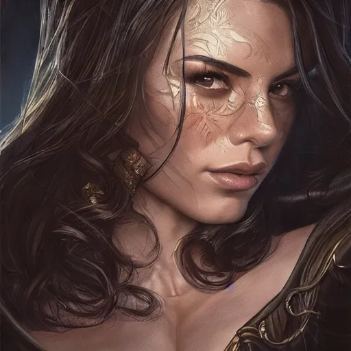 Prompt: a portrait of jenna dewan as a sorceress, upper half portrait, urban motifs, intricate, elegant, highly detailed, digital painting, trending on artstation, concept art, smooth sharp focus, illustration, art by artgerm and greg rutkowski