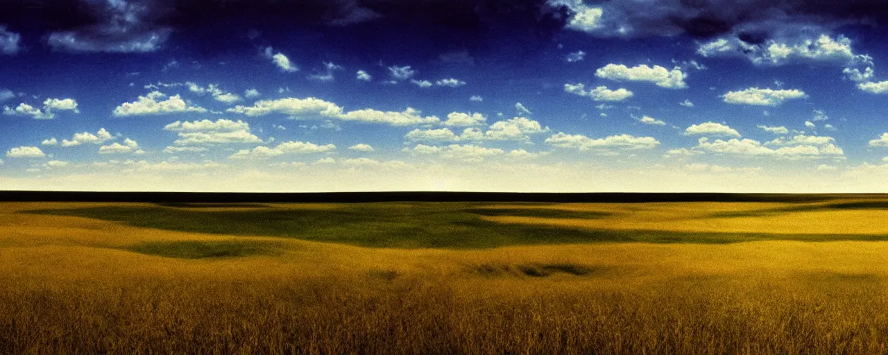 Image similar to film still of kansas landscape and sky, intricate, beautiful, serene, majestic, detailed, ultra, mega, super, visable sounds waves