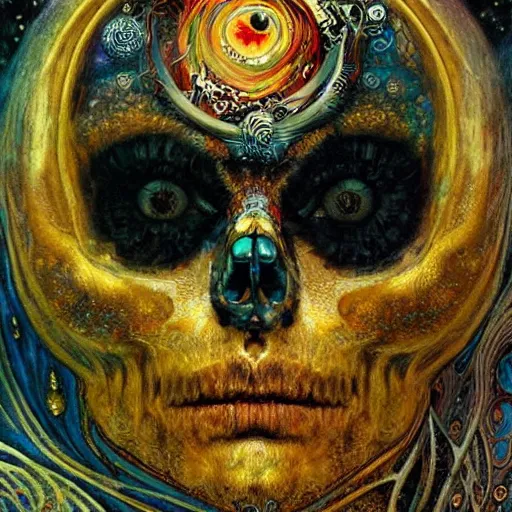 Prompt: Memento Mori by Karol Bak, Jean Deville, Gustav Klimt, and Vincent Van Gogh, beautiful visionary mystical portrait, calavera, otherworldly, fractal structures, ornate gilded medieval icon, third eye, spirals, jeweled calavera by Van Gogh and Amano