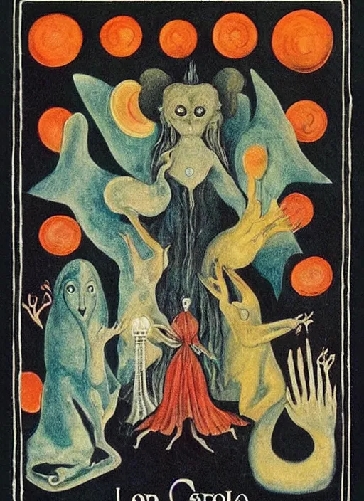 Image similar to tarot card by leonora carrington in the style of a psychedelic 6 0's poster