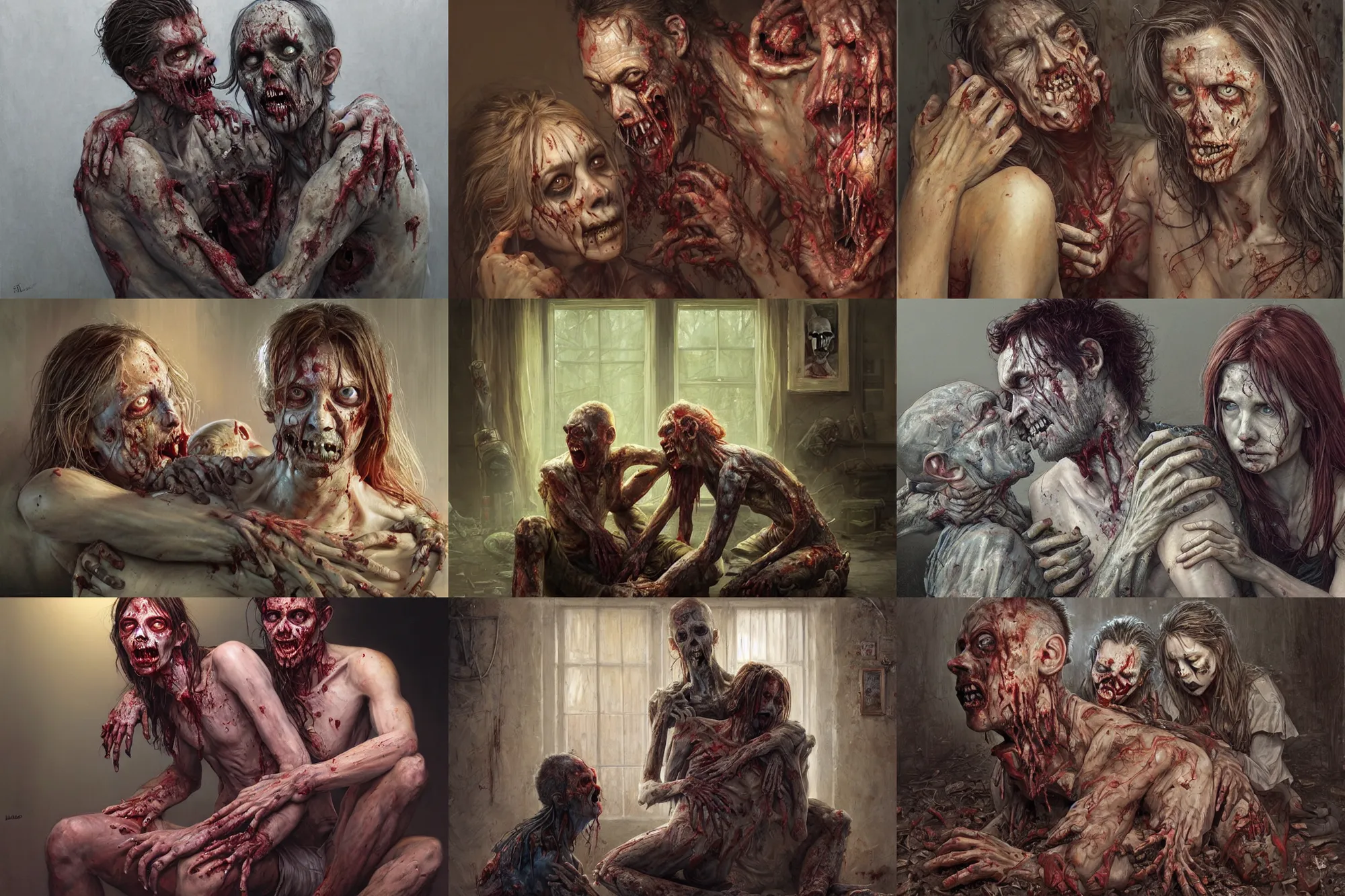 Prompt: zombie man sitting on the floor while devouring a woman, hugging each other in living room of a modern kentucky house, | highly detailed | very intricate | symmetrical | cinematic lighting | award - winning | closeup portrait | painted by donato giancola and mandy jurgens and rossdraws and rhads | featured on artstation