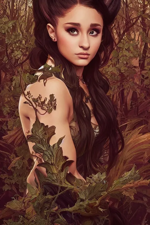 Image similar to demonic cottagecore Ariana Grande holding a shotgun, demonic Hair, magical forest, intricate, elegant, highly detailed, digital painting, artstation, concept art, smooth, sharp, focus, illustration, art by artgerm and greg rutkowski and alphonse mucha