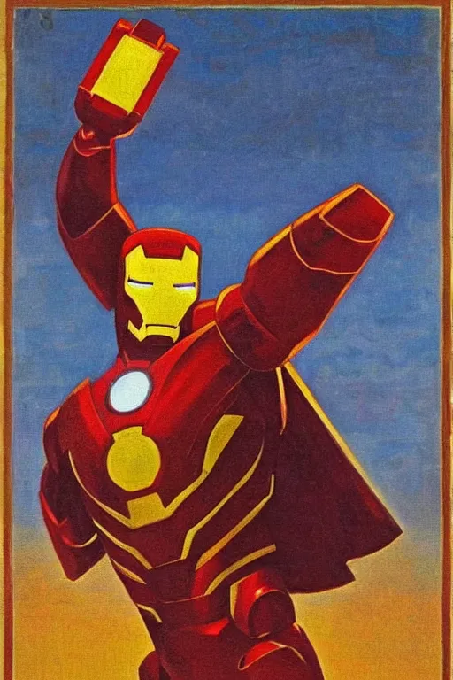 Prompt: iron man, marvel, artwork by nicholas roerich