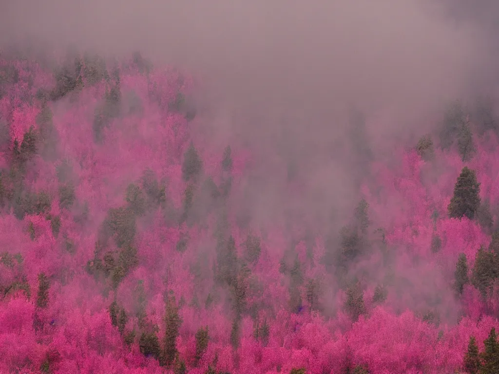 Image similar to forest in pink smoke