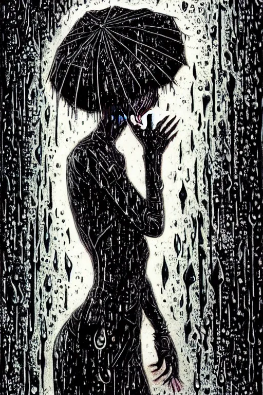 Prompt: crying gothic girl with smoky eyes, black leather slim dress, chains, strong rain night, beautiful body, detailed acrylic, grunge, intricate complexity, by dan mumford and by alberto giacometti, peter lindbergh