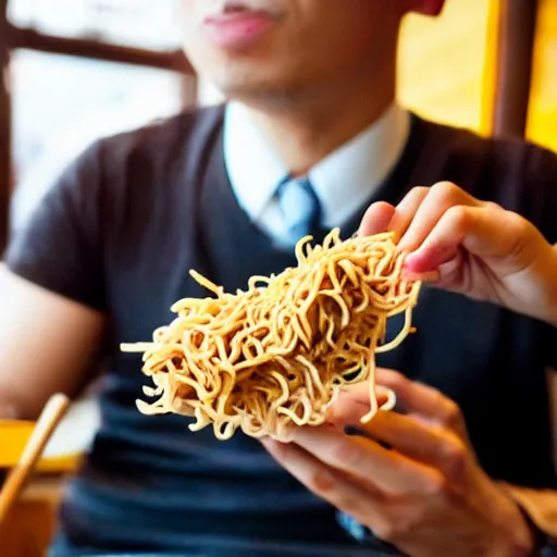 Prompt: A guy eating yakisoba in a restaurant, photo taken by Walter Firmo, award winning photo