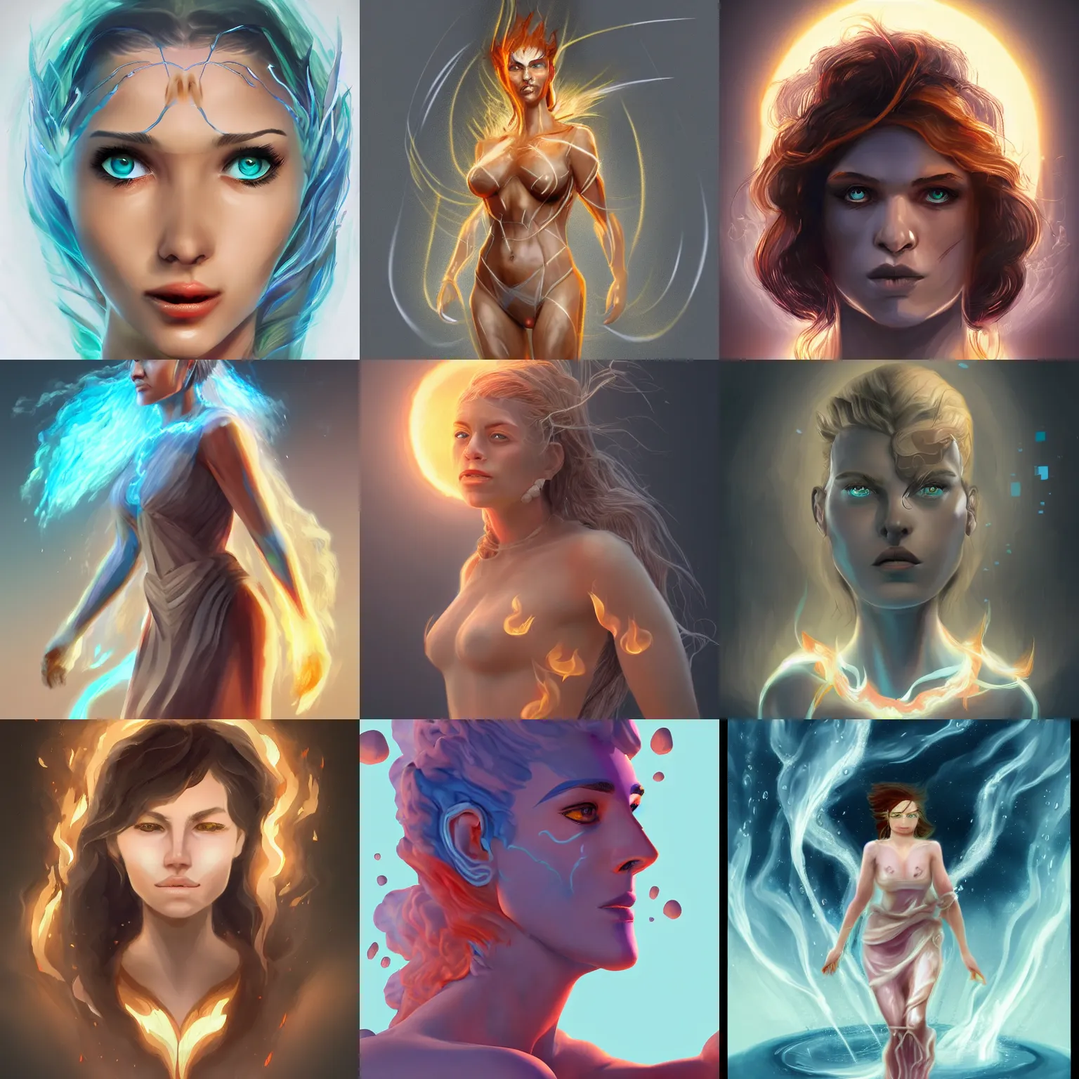 Prompt: woman made of four elemenths, wind, water, earth, fire, concept art, trending on artstation