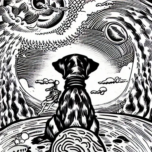 Image similar to mcbess illustration of a dog creating the universe, ultra realistic, epic, dramatic lighting