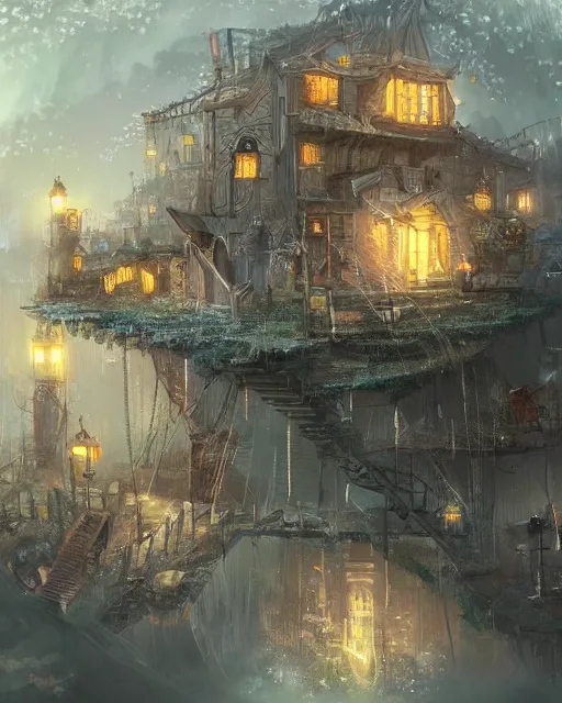 Image similar to a tiny miniscule town living on the thread of a spiders web, fantasy concept art, trending on art station, stunning visuals, creative, cinematic, ultra detailed