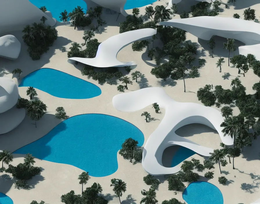 Image similar to desert, white, transitions between flying islands, minimalist architecture, stone grotto in the center, portal. zaha hadid, oscar niemeyer, architectural rendering. trending on artstation. vogue magazine. halo. octane rendering, cinematic, hyperrealism, bokeh. iridescent accents. teal gold and blue color scheme