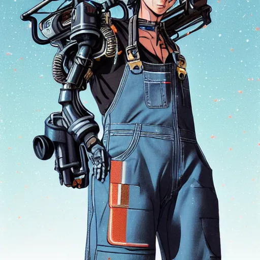 Image similar to Full body portrait of a mechanic in overalls repairing a mech, cyberpunk, illustration, detailed face, detailed background, Ilya Kuvshinov, Hayao Miyazaki, Takashi Takeuchi, Masamune Shirow