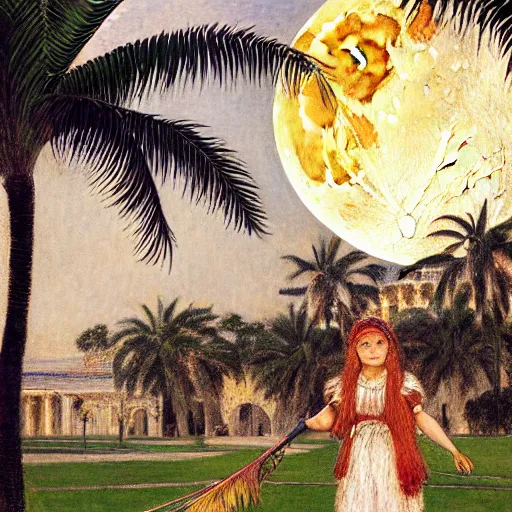 Prompt: a ultradetailed beautiful bitmap of the moon girl on the amazonas palace by jules bastien - lepage, hans belmer, frank weston and gustave baumann, trending on artstation, mediterranean, palm trees, light sparkles, sharp focus, soft light, 8 k 4 k