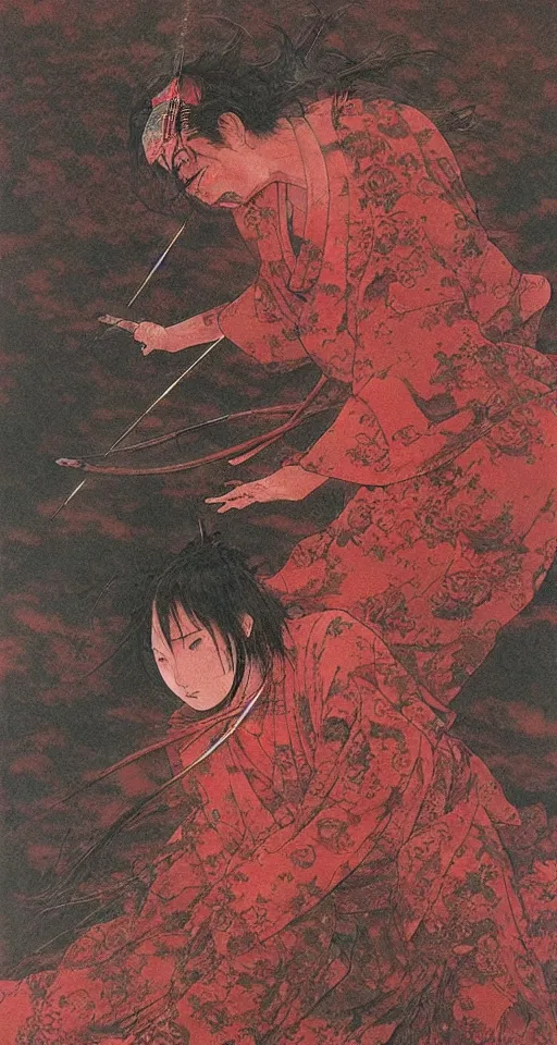 Image similar to Japanese schoolgirl runs away from Samurai with a katana on the subway, high detailed Beksinski painting, part by Adrian Ghenie and Gerhard Richter. art by Takato Yamamoto. masterpiece, deep colours, red