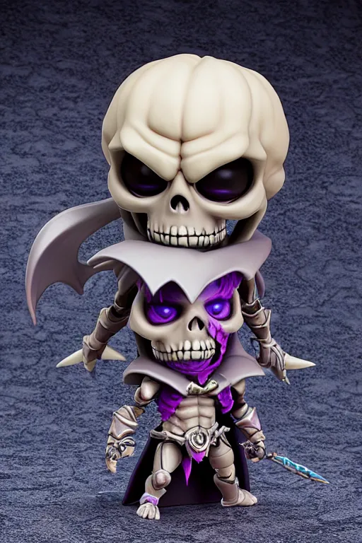 Image similar to nendoroid skeletor, kawaii dark souls boss, detailed, cute, digital concept art, trending on artstation + white skinned diablo concept art demon full body render high resolution photorealistic