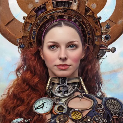 Prompt: Head and shoulders materpiece portrait of Lana Rhoades as a steampunk beautiful goddess, she half human and half robot, she is embellished with few gears wheels and gemstones, by William Holman Hunt, Greg Rutkowski, Stanely Artgerm, Tooth Wu, Peter Gric, Aaron Horkey, trending on Artstation, digital art, mythological, symmetrical artwork, cinematic lighting, hyper realism, high detail, octane render, ultra realistic, golden ratio, 4k, 8k