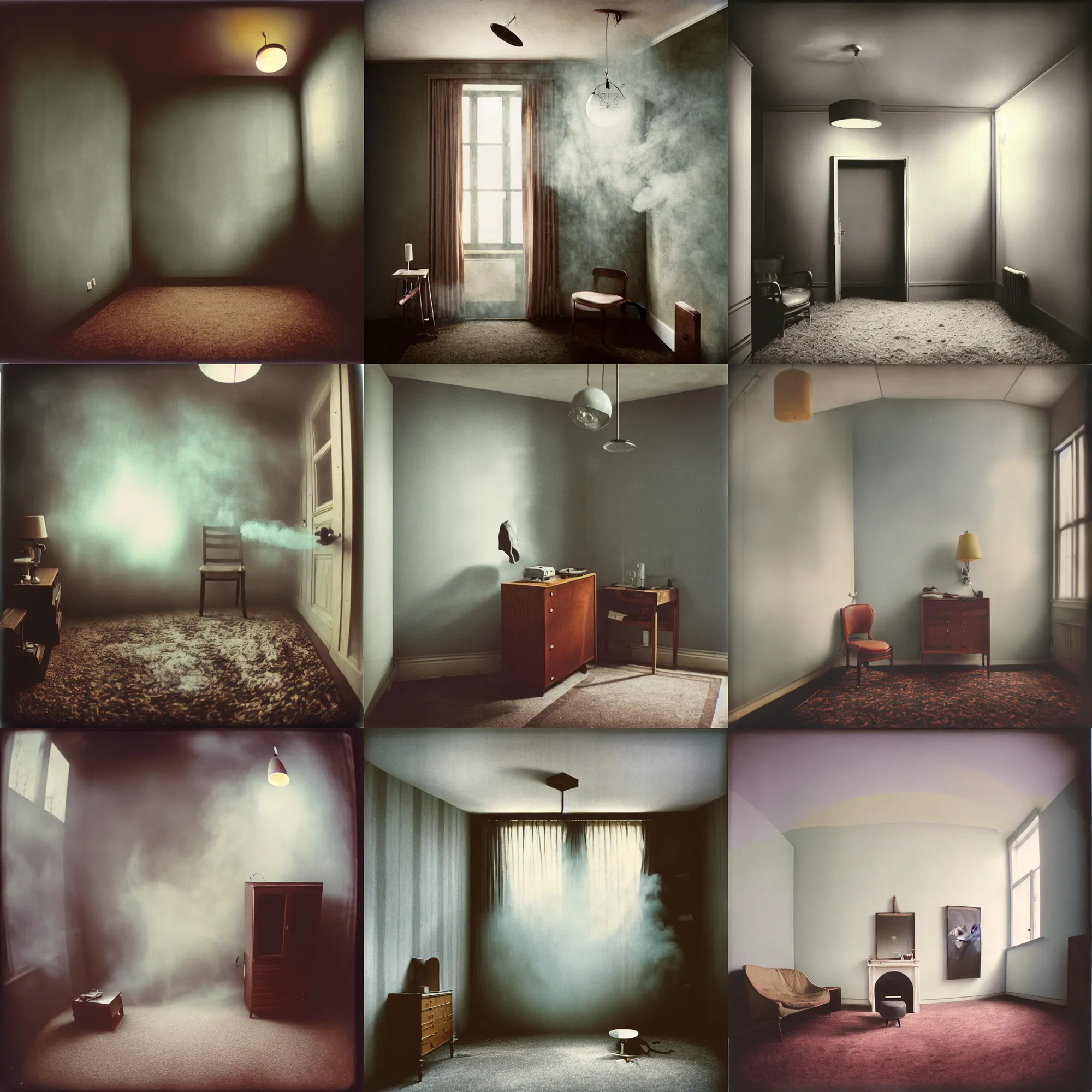 Prompt: kodak portra 4 0 0, wetplate, 8 mm extreme fisheye, award - winning portrait by britt marling of a hall in bauhaus style, picture frames, shining lamps, dust, smoke bauhaus furniture, wallpaper, carpet, interior, muted colours, fog