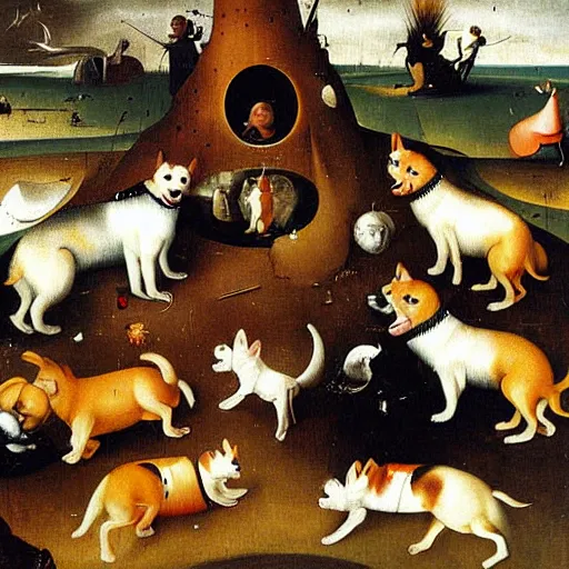 Image similar to highly detailed surreal painting of corgis by hieronymus bosch