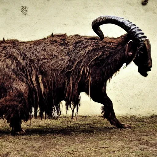 Image similar to horror, huge, vicious goat mutant monster with short blunt horns, mouth yawning wide, crocodile - like teeth, filthy matted fur, in muddy medieval village square