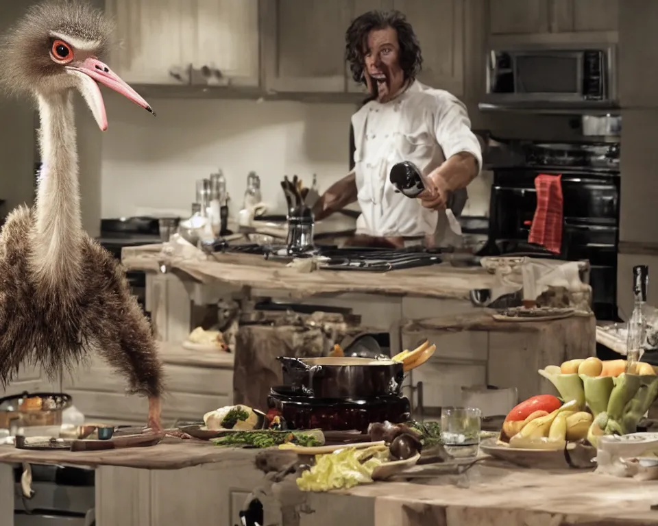 Prompt: a horror movie featuring a ostrich hosting a cooking show,