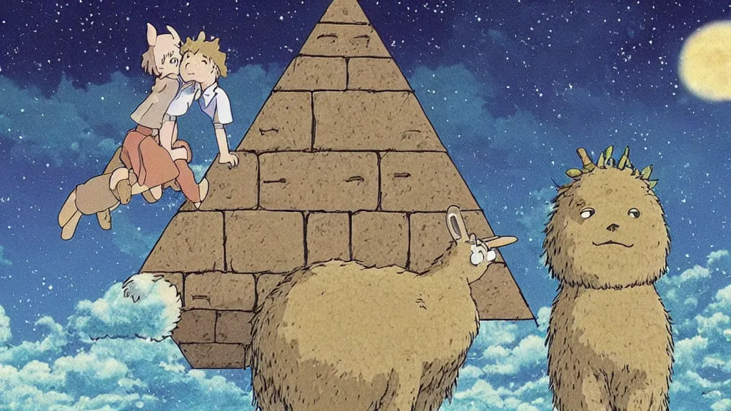 Image similar to a movie still from a studio ghibli film showing a lovecraftian alpaca from howl's moving castle ( 2 0 0 4 ). a pyramid is under construction in the background, in the rainforest on a misty and starry night. a ufo is in the sky. by studio ghibli