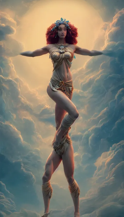 Image similar to a beautiful goddesses, strong pose, full body, planets, sky, dream, highly detailed, digital painting, refreshing, trending on artstation, octane render, hyper realistic, illustration by james jean