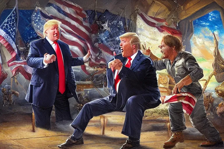 Image similar to portrait of donald trump and alex jones arguing, an oil painting by ross tran and thomas kincade