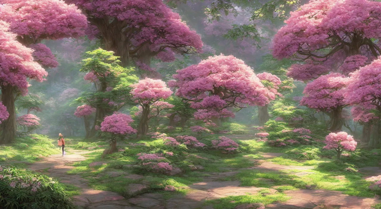 Prompt: Rendering of a scene with forest full of peony，by Makoto Shinkai and thomas kinkade, fantasy matte painting, trending on cgsociety and unreal engine，light effect，highly detailed，super wide angle，