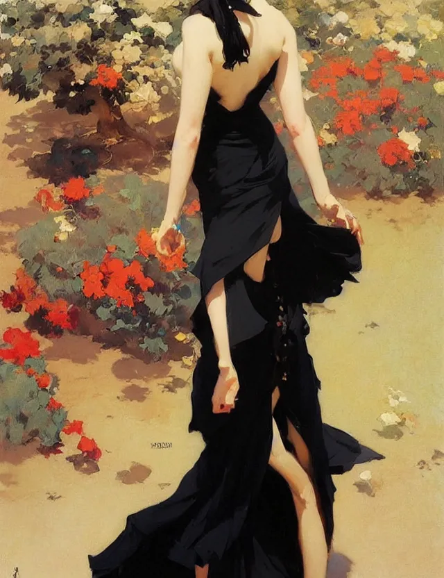 Image similar to savvy — today at 4 : 0 2 pm beautiful anime woman in tight black dress with high slit, krenz cushart, mucha, by joaquin sorolla rhads leyendecker, by ohara koson