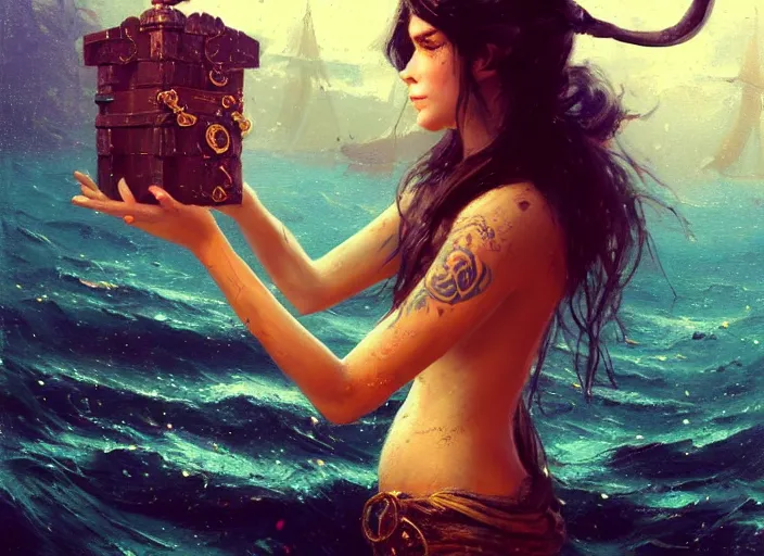 Image similar to full body picture of a pirate girl, looking at the treasure box, hard breathing, messy hair, very excited, coveted, sparkling eyes, magic and fantasy, whale monsters, beautiful and aesthetic and attractive and detailed face, specular reflection, occlusion shadow, intricate, bokeh, masterpiece, by ilya kuvshinov and jeremy lipking and quentin mabille