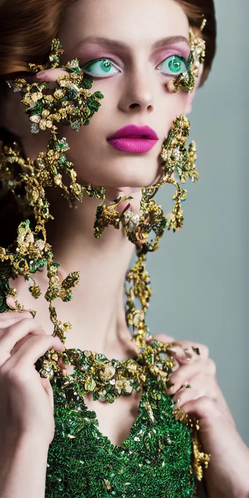 Image similar to fashion photography beautiful green eyes, close up shot, haute couture dresses by balenciaga, canon ef 1 0 5 mm f / 2. 8 the grand budapest hotel