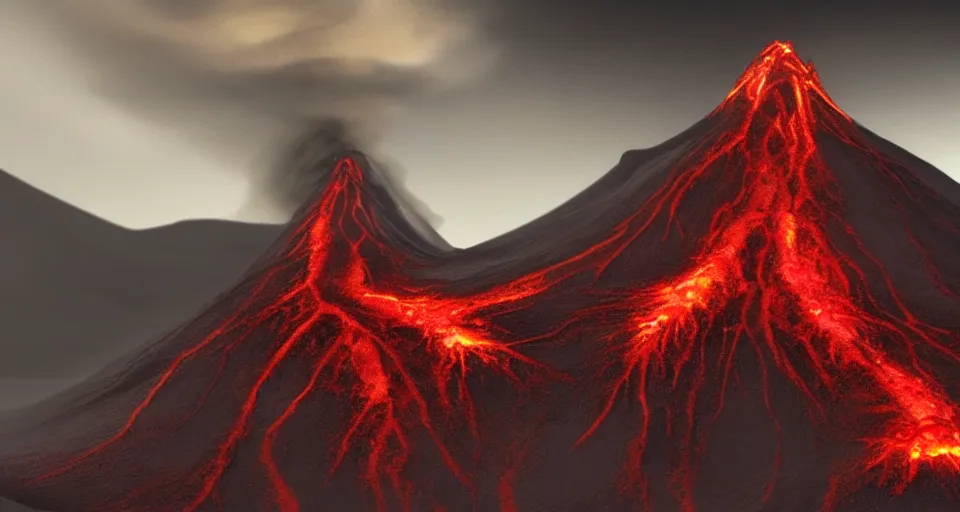 Image similar to a volcano made of ivory vines and crimson rocks enters in eruption, it spits a smoke in the shape of demonic eye, by Artstation